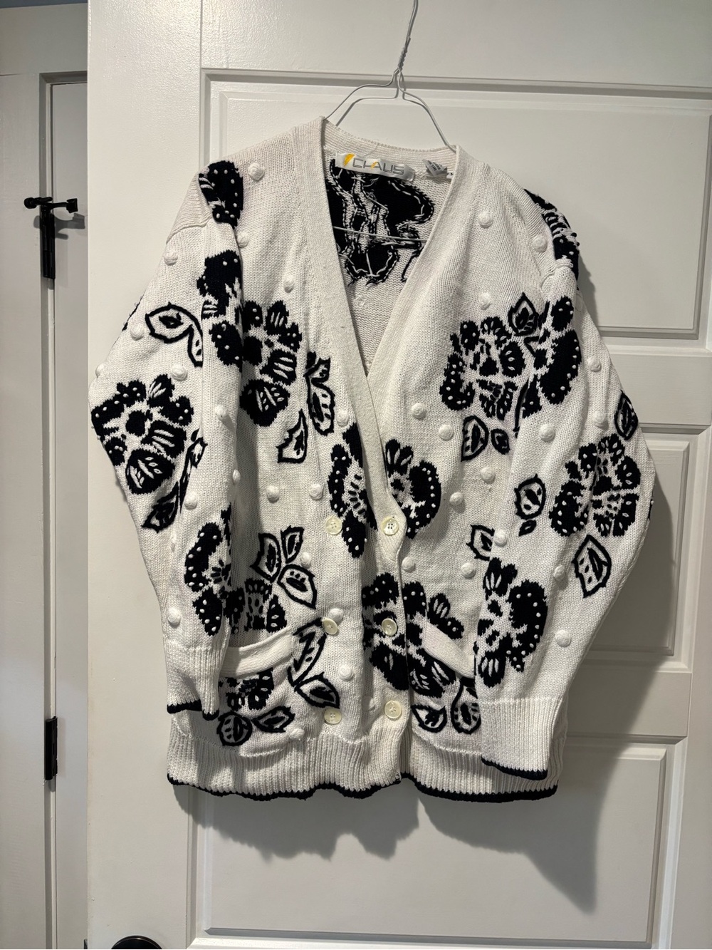 Vintage 90’s Chaus White Cardigan with Black Floral Bobble Knit